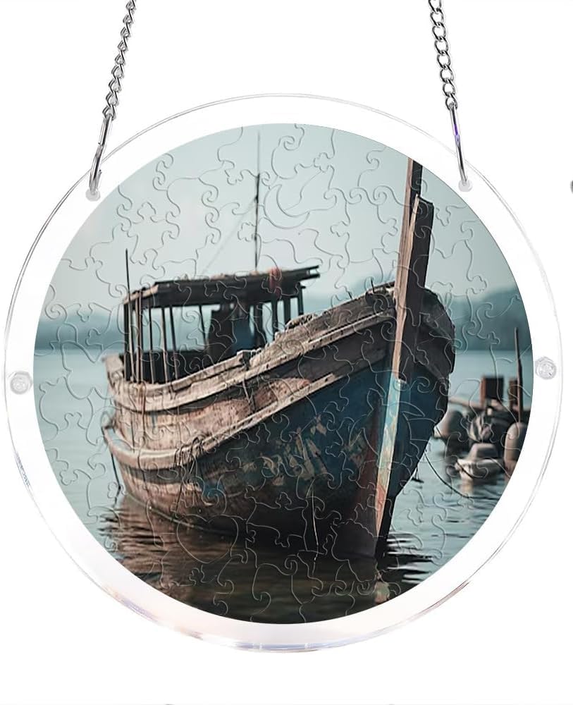 Old Wooden Boat On Water Scene Nautical Acrylic Jigsaw Puzzles Suncatcher, 8.2 Inch Window Hanging Suncatcher Acrylic Puzzle, DIY Home Decor Art Gift