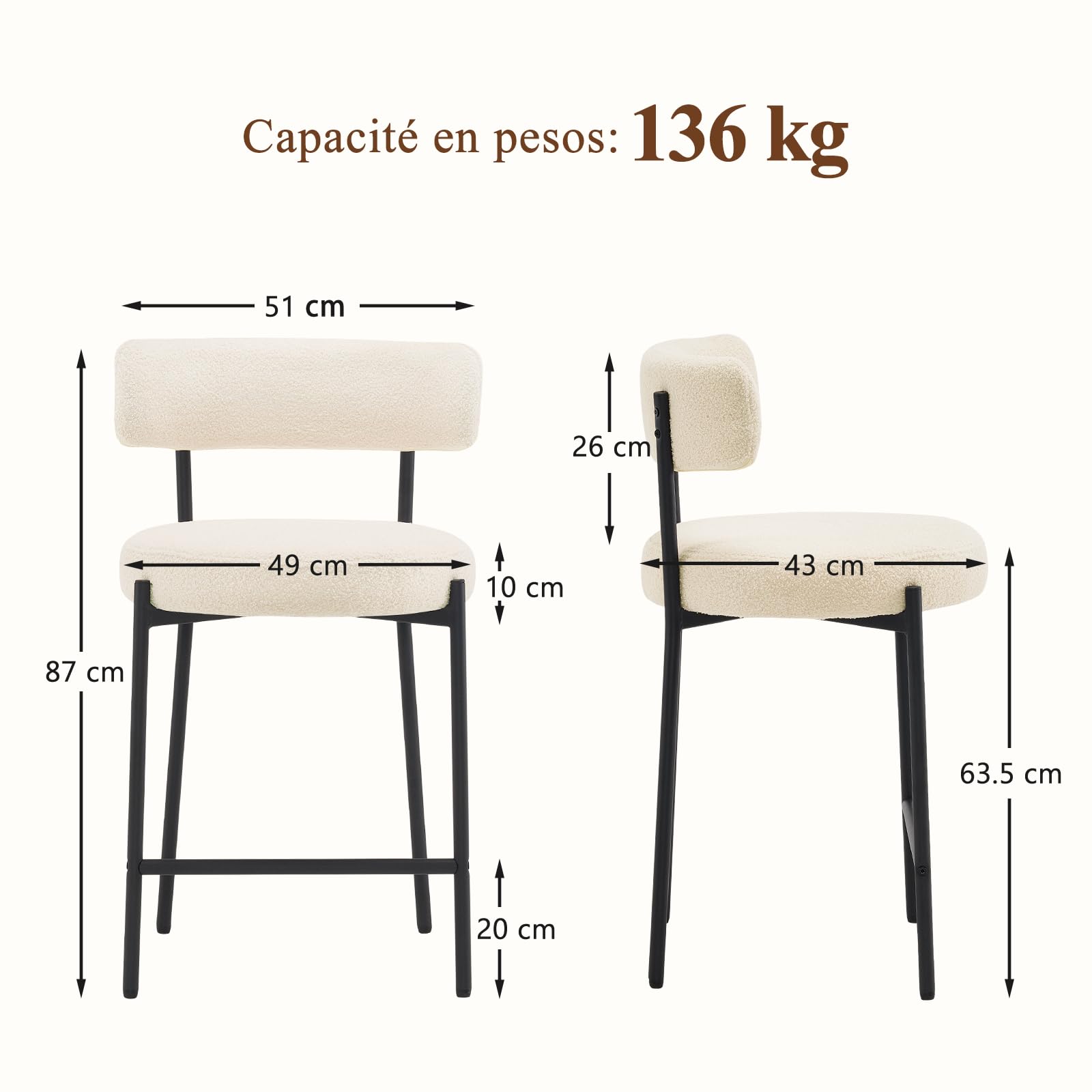 Lot de 2 Tabouret de Bar, Chaise de Bar, Chaise de Cuisine Hauteur 63.5cm, Tabourets de Comptoir, Tabouret de Bistrot, Siège Rembourré avec Dossier, Repose-Pieds pour Cuisine, Bar, Blanc