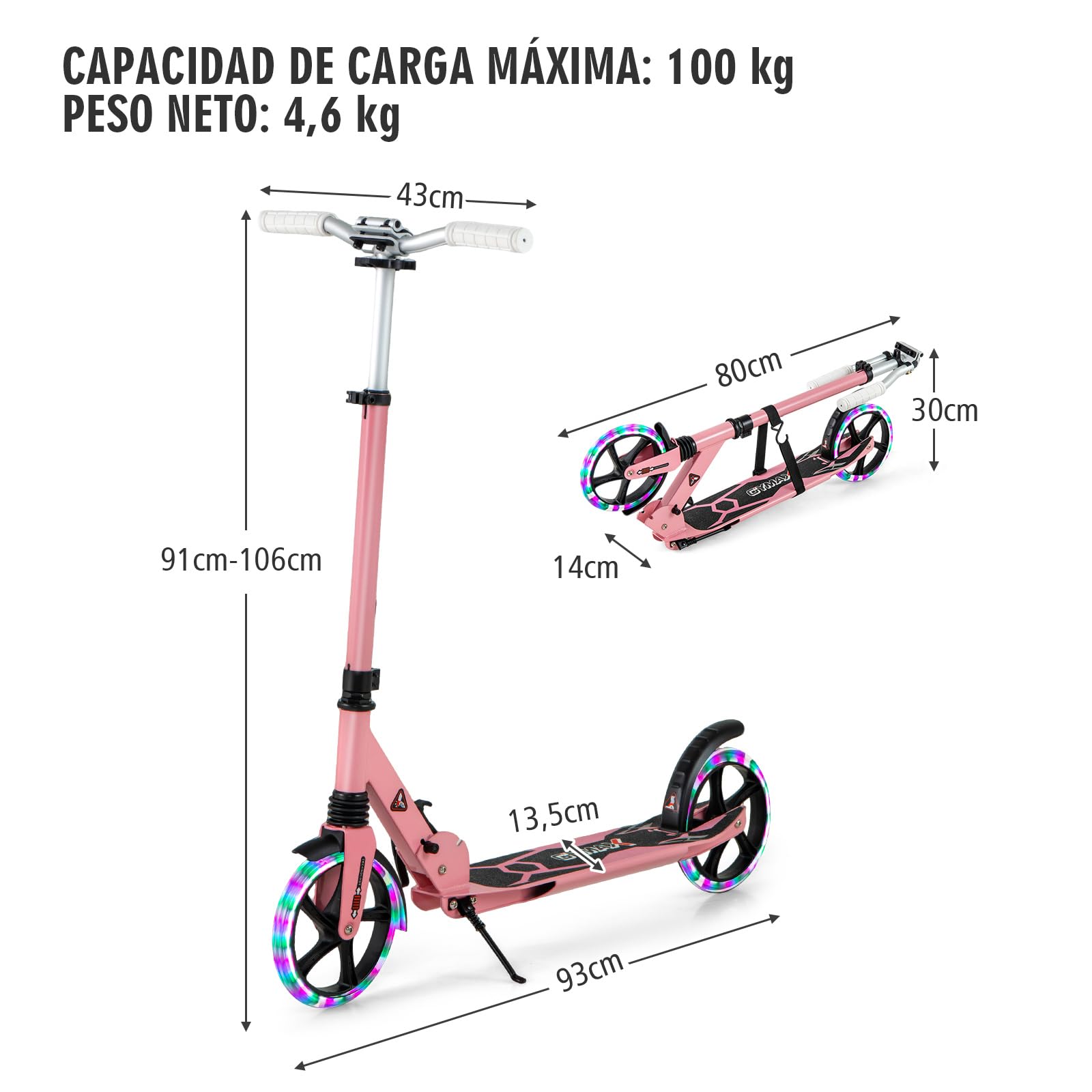 GYMAX Patinete con Luces LED, Monopatín Plegable con Manillar en T Ajustable en 3 Alturas, Sistema de Amortiguación, Patinete Infantil y Partir de 8 Años