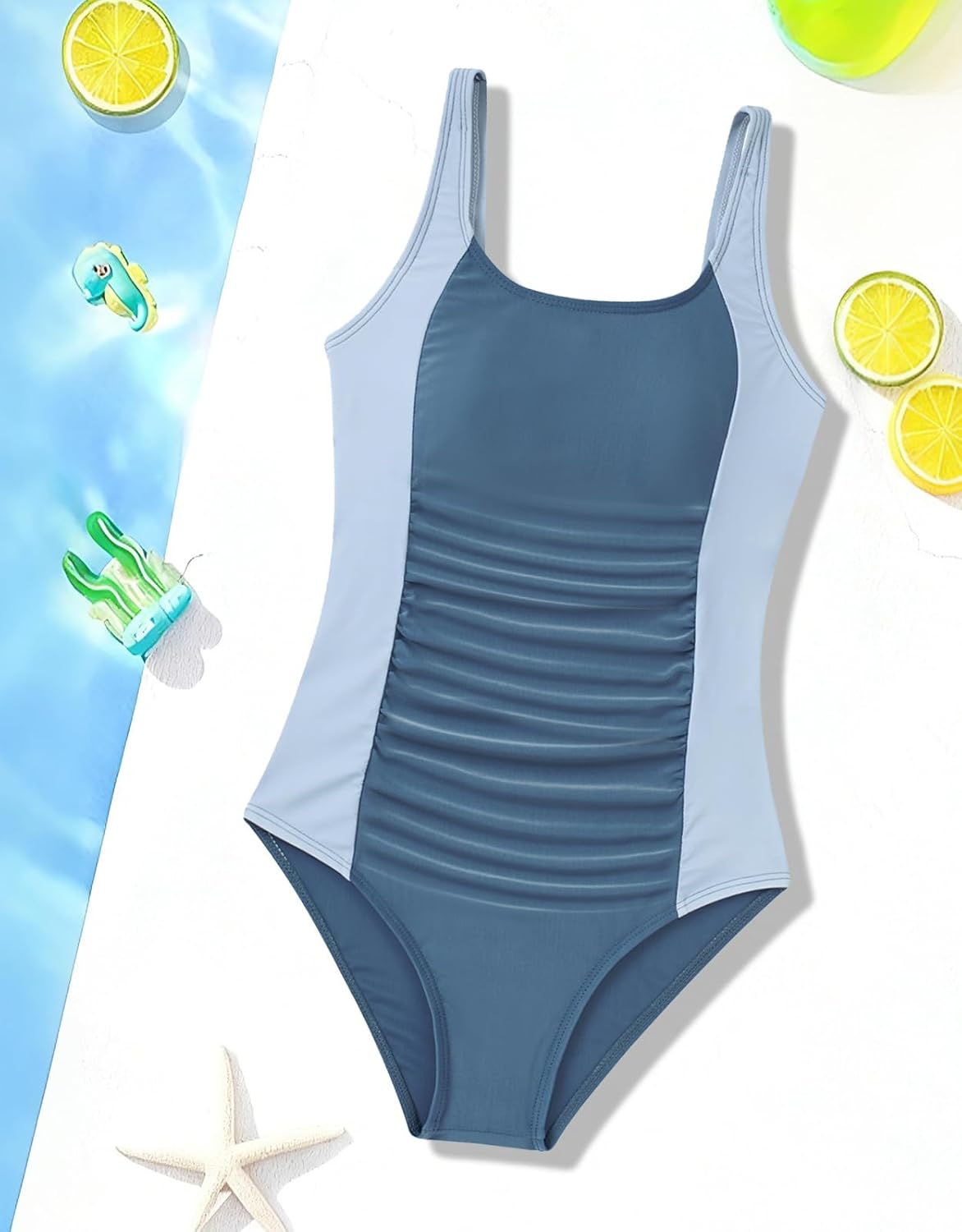 Swimsuit One Piece Bathing Suit for Girls Ruched Color Block Adjustable Straps Padded Swimwear 9-16Y - Image 7