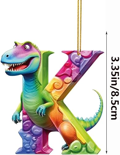 Miniatura 2 de Adornos de dinosaurio de Navidad con dije de dibujos animados de 26 letras, figuras de dinosaurio de acrílico, regalo colgante para árbol de