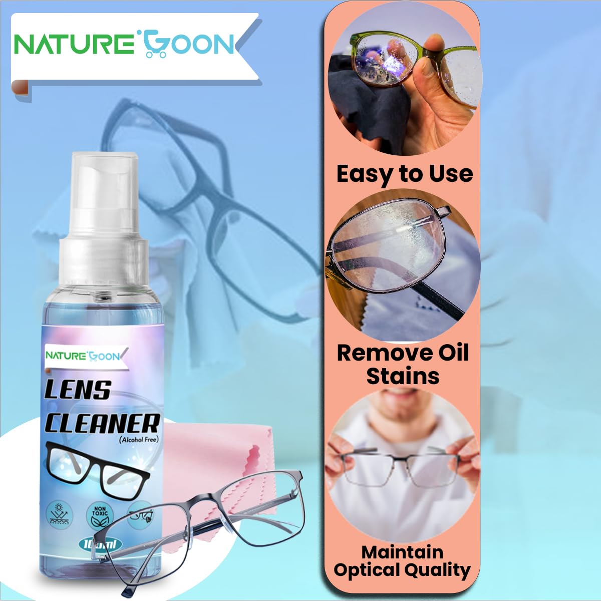 Naturegoon Lens Cleaning Solution with Microfibre Cloth 100ml(Pack of 2) | Perfect Lens Cleaner for Spectacles, Eyeglasses, Sunglasses |Alcohol Free (Pack of 2) 3