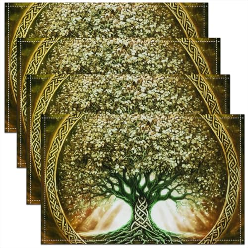 Tree of Life Placemats for Dining Table Set of 4, Exotic Style Bohemian Tree Place Mats 12x18 Inch for Restaurant,Yellow Artwork Kitchen Table Mats Easy to Clean