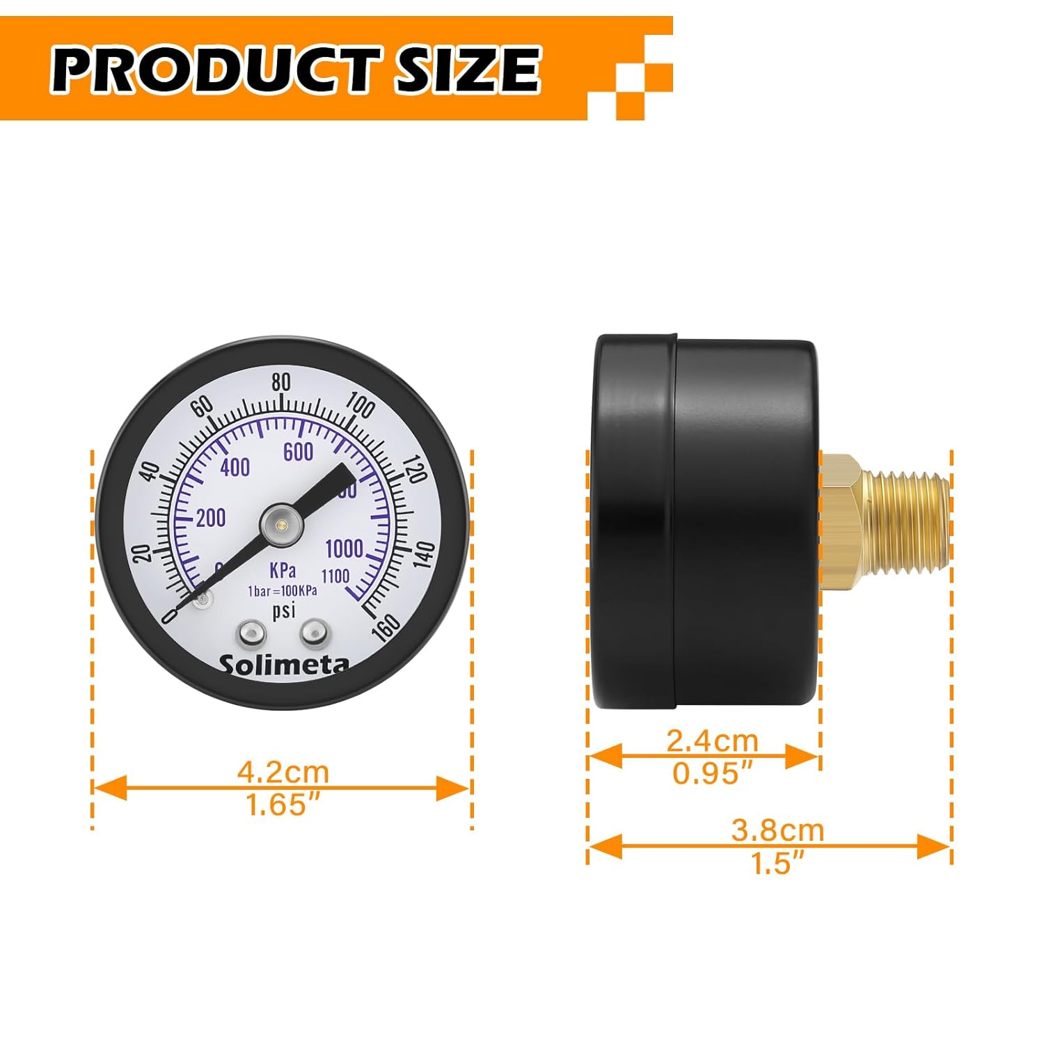Solimeta Air Pressure Gauge for Air Compressor Air Filter, 1-1/2" Dial Center Back Mount, 1/8" NPT,0-160 Psi, 2 PCS