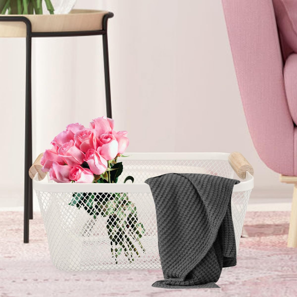 Cesta Gran Capacidad de Hierro de Almacenamiento Mango de Madera Estilo Nórdico Rectangular Blanco y Fácil de Transportar para Organización de Baño