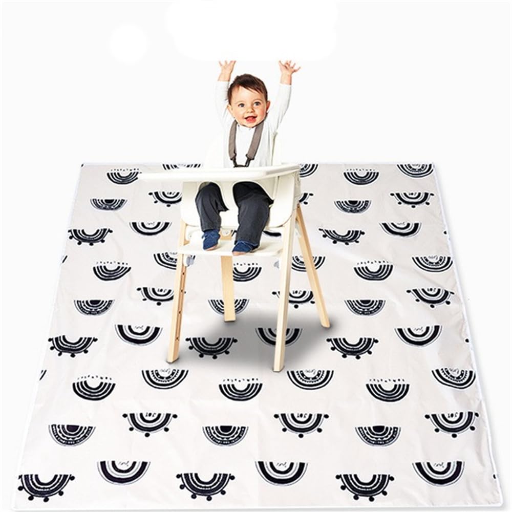 Treer Splash Mat for Under Highchair, 43" Baby Splat Mat Waterproof Anti Slip High Chair Spill Mat, Creative Easy Clean Washable Weaning Mess Play Mat Tablecloth Picnic Mat (Black Rainbow)