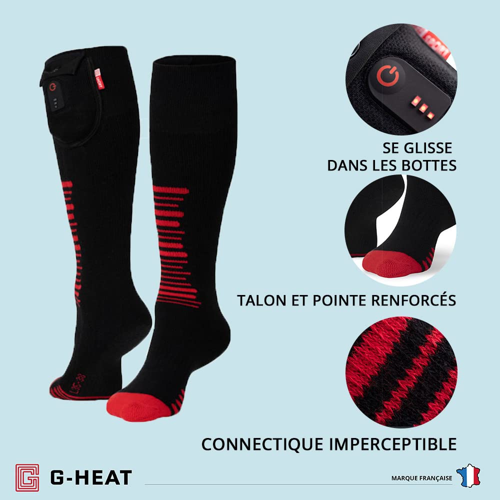 G-HEAT - Chaussettes chauffantes Outdoor - Mixtes - Epaisses - Douces. Usages : Sports d'hiver, Rando, équitation, Ville, Travail, Bien-être. Fournis avec 1 Paire de Batteries et câble de Recharge
