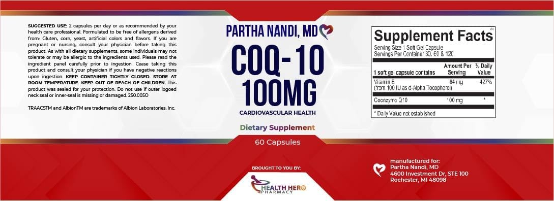 CoQ10 Supplement, 30 Days 100mg. Antioxidant Coenzyme Q10 Energy Supplement Vitamin Caps w/Vitamin E. Ultra High Absorption Ubiquinone for Heart, Brain Health, ATP Energy Endurance by Doctor Nandi