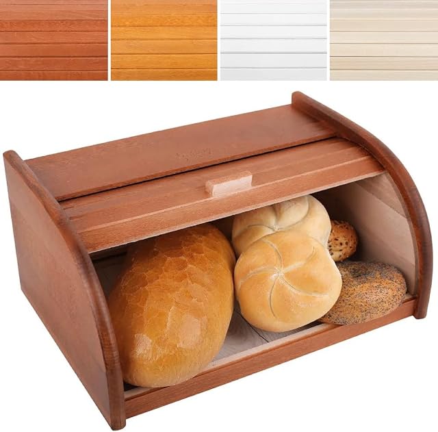 Creative Home Brown Wooden Bread Bin | 40 x 27,5 x 18,5 cm | Natural Beech Wood | Bread Box Container with Roll-Top Lid | Wooden Kitchen Storage box