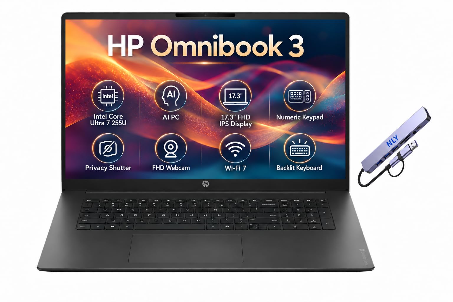 HP OmniBook 3, 17.3" FHD IPS Business Laptop, 12-Core Intel Core Ultra 7 255U, 16GB RAM 512GB SSD, Windows 11 Pro, Backlit Keyboard, Wi-Fi 7, BT 6, Fast Charge, NLY Docking Station, Mica Silver