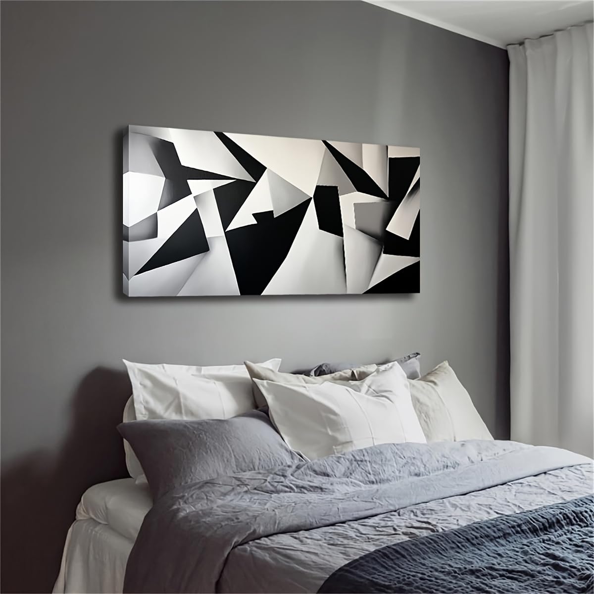UUDEZO Large Size Decorative Painting with Frame, Black, White And Gray Geometric Shape, Living Room Canvas Wall Art(70x140cm(28x55in)