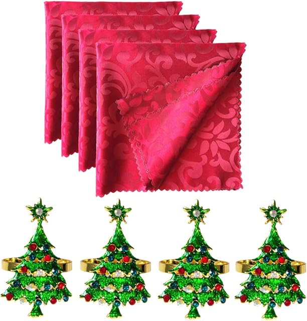 Aisszhao Christmas Table Decorations 4 Xmas Tree Napkin Rings & 4 Cloth Napkins,Dining Table Napkin Holders Napkin Cloth Christmas Dining Decoration for Home,Wedding,Hotel,Banquet Parties,Xmas Events