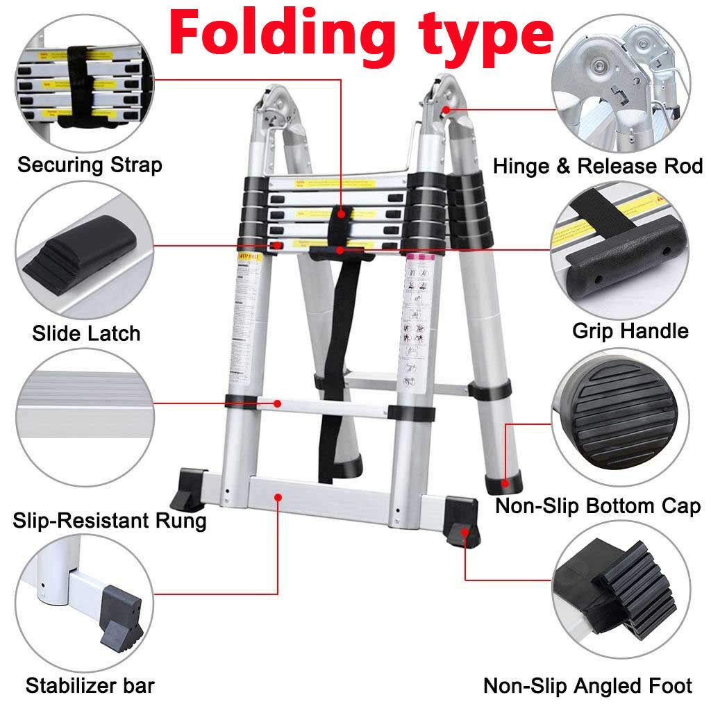 Wytrzymała aluminiowa teleskopowa składana drabina typu loft, rama 3,8 m / 1,9 m + 1,9 m, 12-stopniowe, wysuwane przedłużenie, wielofunkcyjne, aluminiowe drabiny - pojemność 150 kg