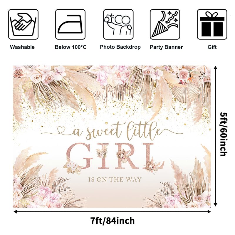 LJRHYEH Baby Shower Decorations Girl Backdrop, Boho Pink Floral Baby Shower Party Backdrops for Photoshoot, Pampas Grass, Photographic Studio Photo Backgrounds, Banner Supplies 7x5ft