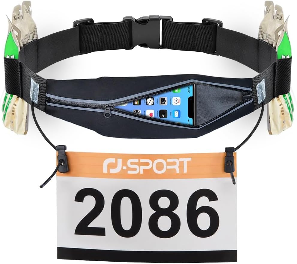 Running Belt - Waterproof Sports Waist Bag, Triathlon Race Number Strap, Running Belt with Bum Bag & Adjustable Elastic Band & Number Holder & 6 Gel Loops