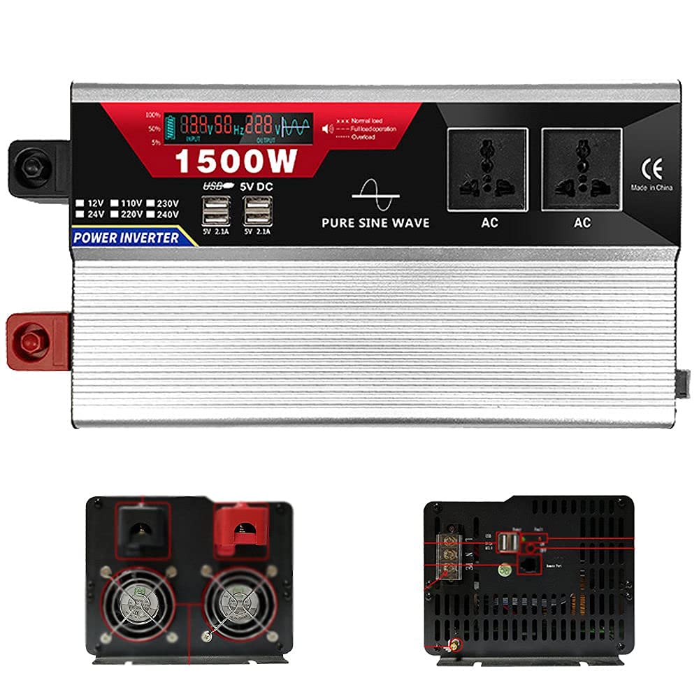 RajoNN Inversores de Corriente 2000W 3000W 4000W 6000W Inversor de Onda sinusoidal Pura Pico 12V 24V CC a 110V 220V AC Inversor de Corriente para automóvil con Control Remoto 2 Salidas de CA 6