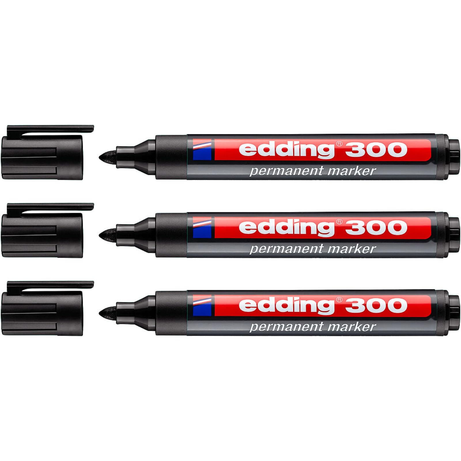 Edding 4-300001 300 Industry Rotulador permanente (punta redonda, para cartón, metal, goma y cristal, 1,5-3 mm, 3 unidades), color negro