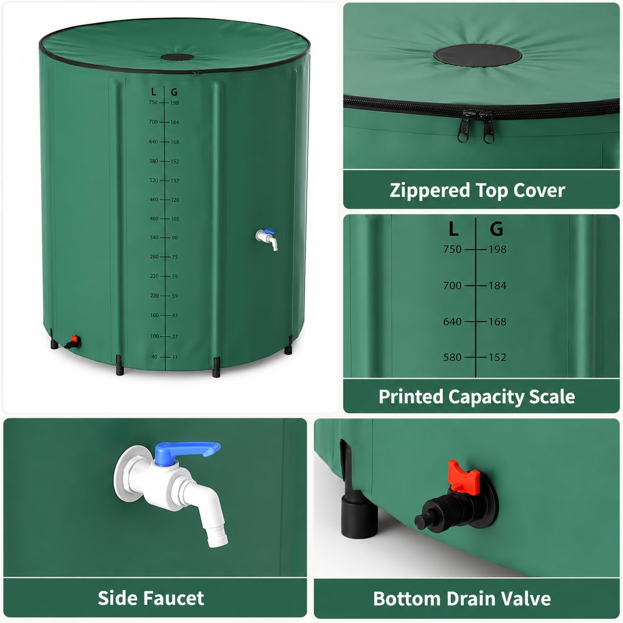 Faltbare Regentonne 200-500 Liter, Regentonne Faltbar Mit Seitlicher Skala Und Überlaufschutz, Regenwassertonne Für Garten, Balkon, Terrasse, Camping Und Outdoor, Grün (Grün,200 Liter)