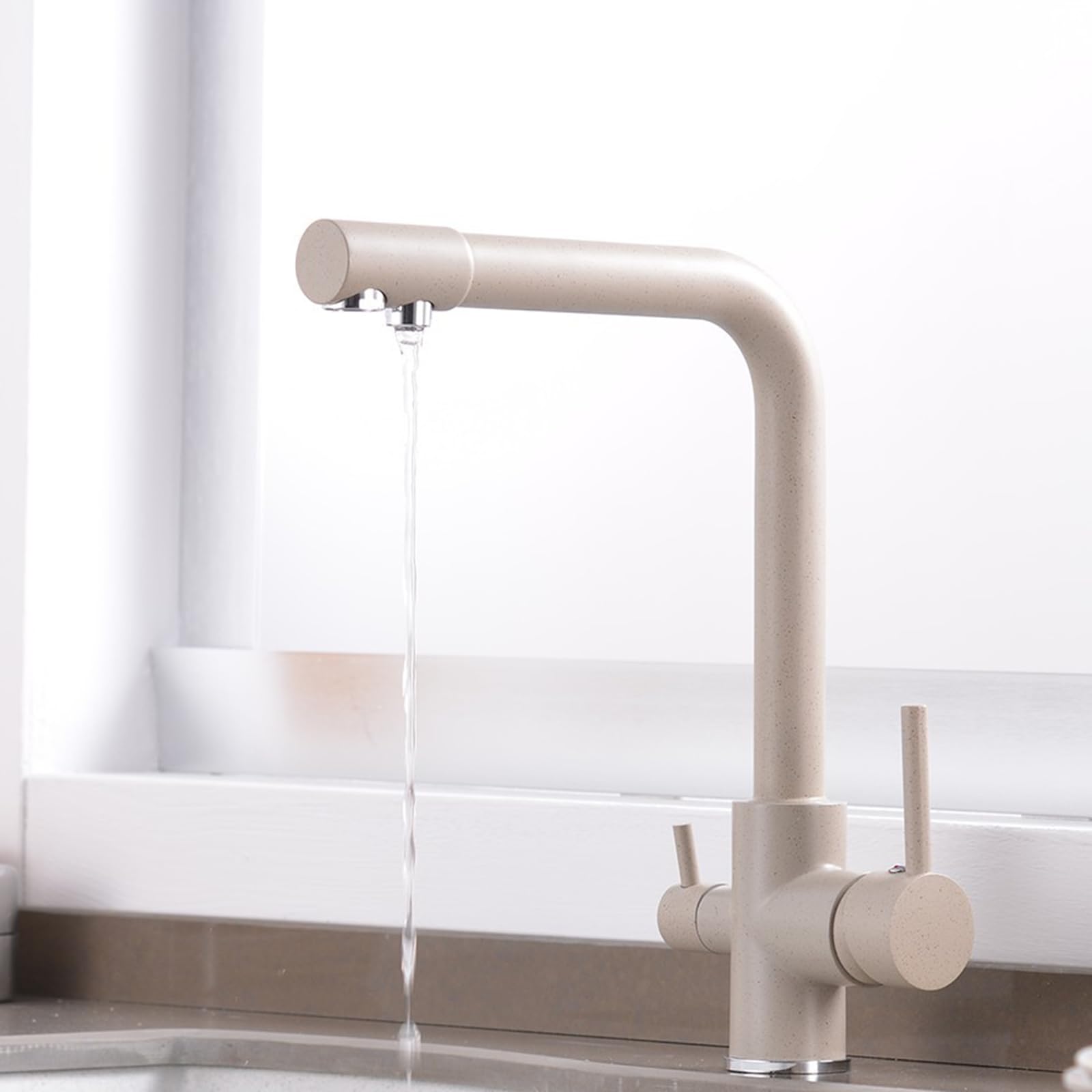 ZYCHSJXA 3 Way Kitchen Mixer Tap Taps Brass 2 Handles-Oatmeal Color