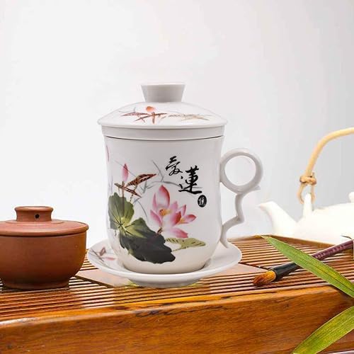 Miniatura 7 de HODRME JingDeZhen - Juego de 4 tazas de té de porcelana china hechas a mano con sistema de preparación de té de hojas sueltas para cocina y oficina