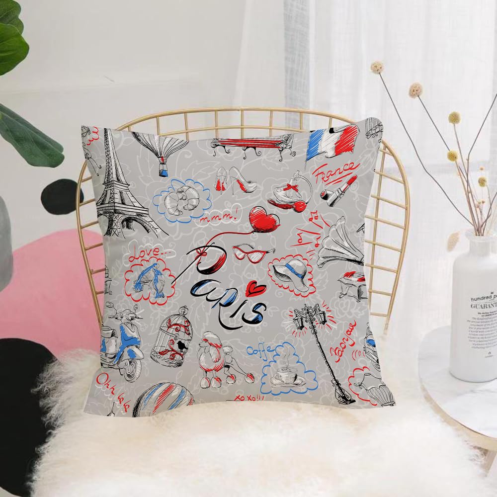 HYOSXW Cushion Cover,Throw Pillow Case Home Decorative for Living Room Bedroom Sofa Chair 16X16 Inch,Paris, France themed picture with French flag dogs Eiffel Tower Croissant1,Pillowcase 40X40cm