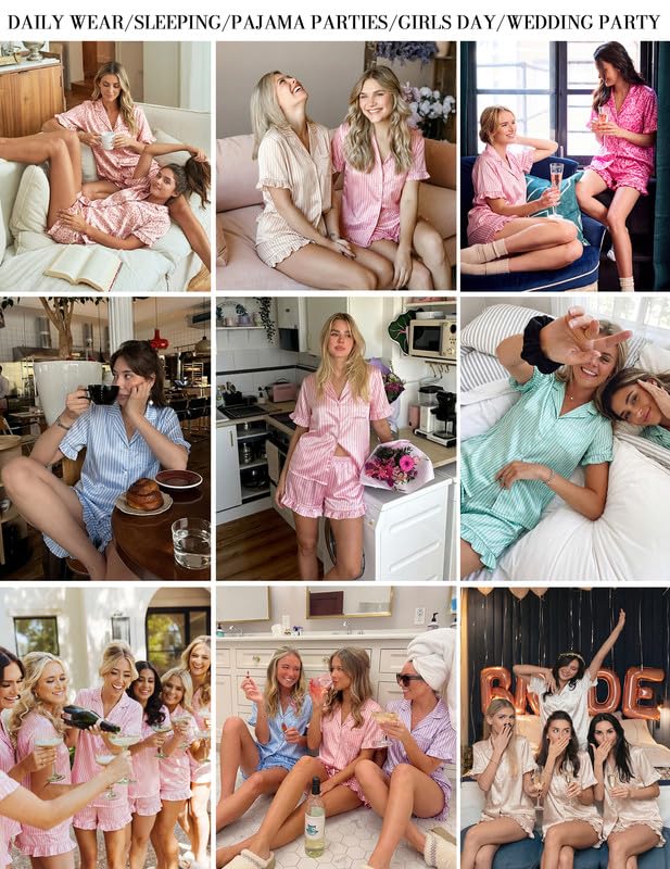 Image of Ekouaer Womens Satin Pajamas Set 2 Piece Button Down Silk Pjs Ruffle Short Sleeve Shorts Set Notch Collar Sleepwear