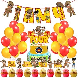 Zyozique Little Singham Party Supplies,Litlle Singham 4th Birthday for Boys with I AM FOUR Banner Cake Topper Cupcake Toppers Balloons Birthday Decoration Kit (Pack of 37)