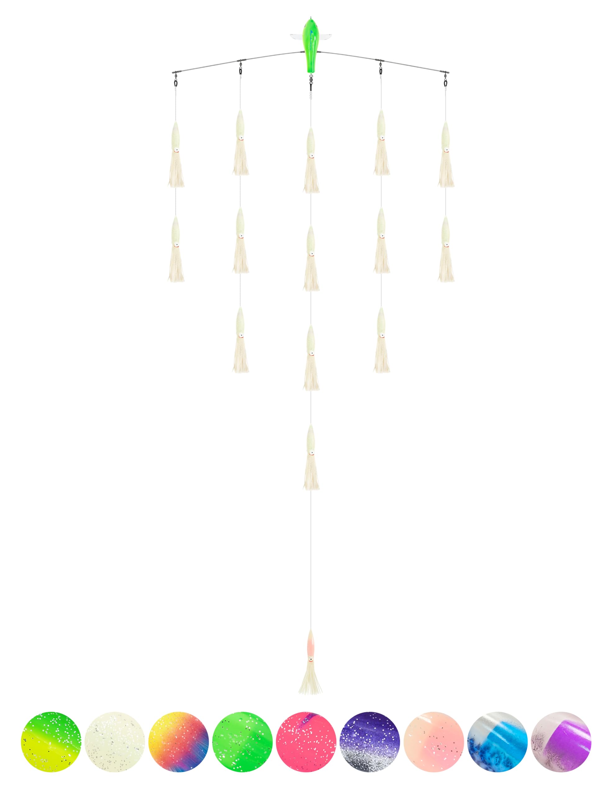 BLUEWING 36" Upgraded Fishing Spreader Bar Splasher Offshore Trolling Spreader Bar with 6" Bulb Squids and 316 Stainless Steel Rod for Wahoo Tuna Marlin Mahi Mahi, Luminous