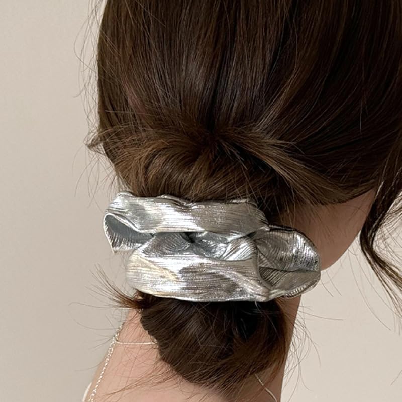 6 Pcs Sparkly Hologram Metallic Silver Color Hair Scrunchies  display picture 1