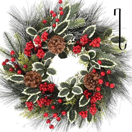 24 Inch Christmas Wreath, Xmas Wreath for Front Door with Hanger,...