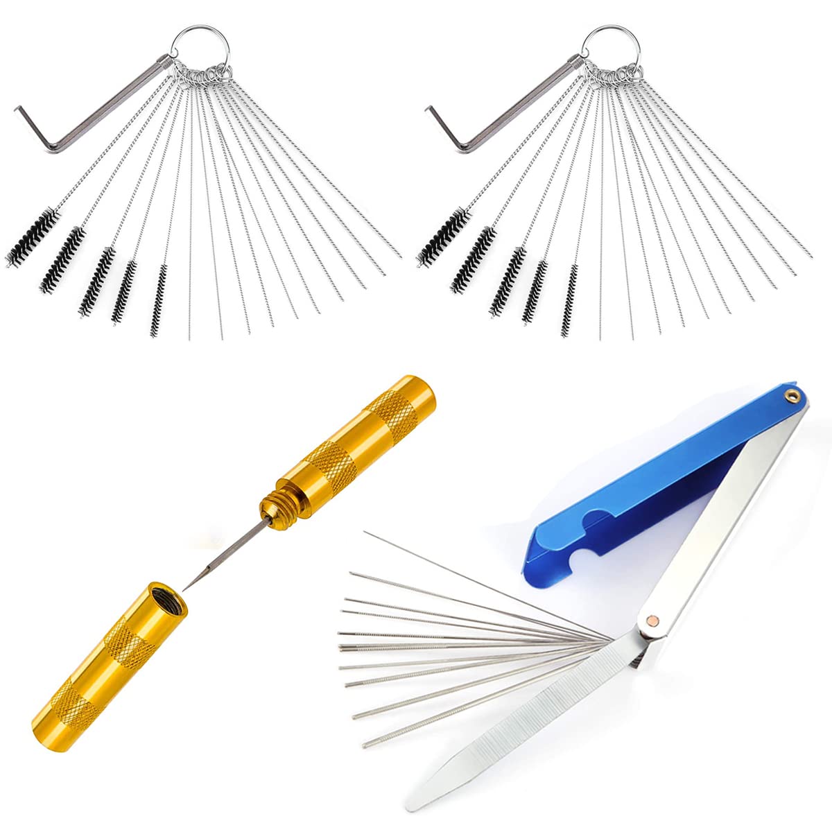 ZAMDOE Set di 4 Kit di Attrezzi per la Pulizia del Getto di sporcizia del carburatore con 20 Aghi per la Pulizia, 11 spazzole in Nylon, 2 Chiavi dell'acceleratore, 1 plettro affilato, 1 Set di Aghi