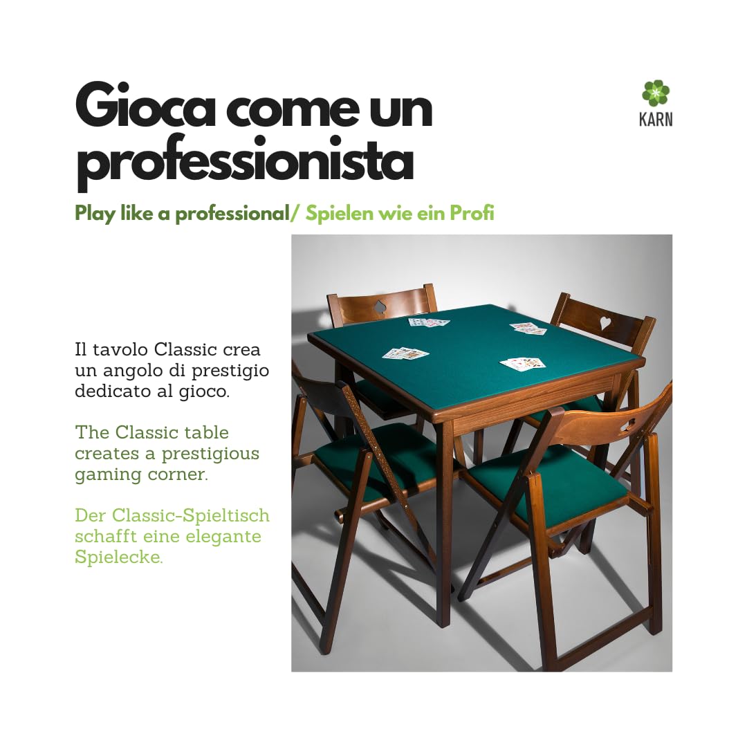 Karn Tavolo da Gioco Pieghevole Classic – Tavolo Carte Poker 80x80 in Legno Faggio Massello con Panno Verde – Salvaspazio Made in Italy