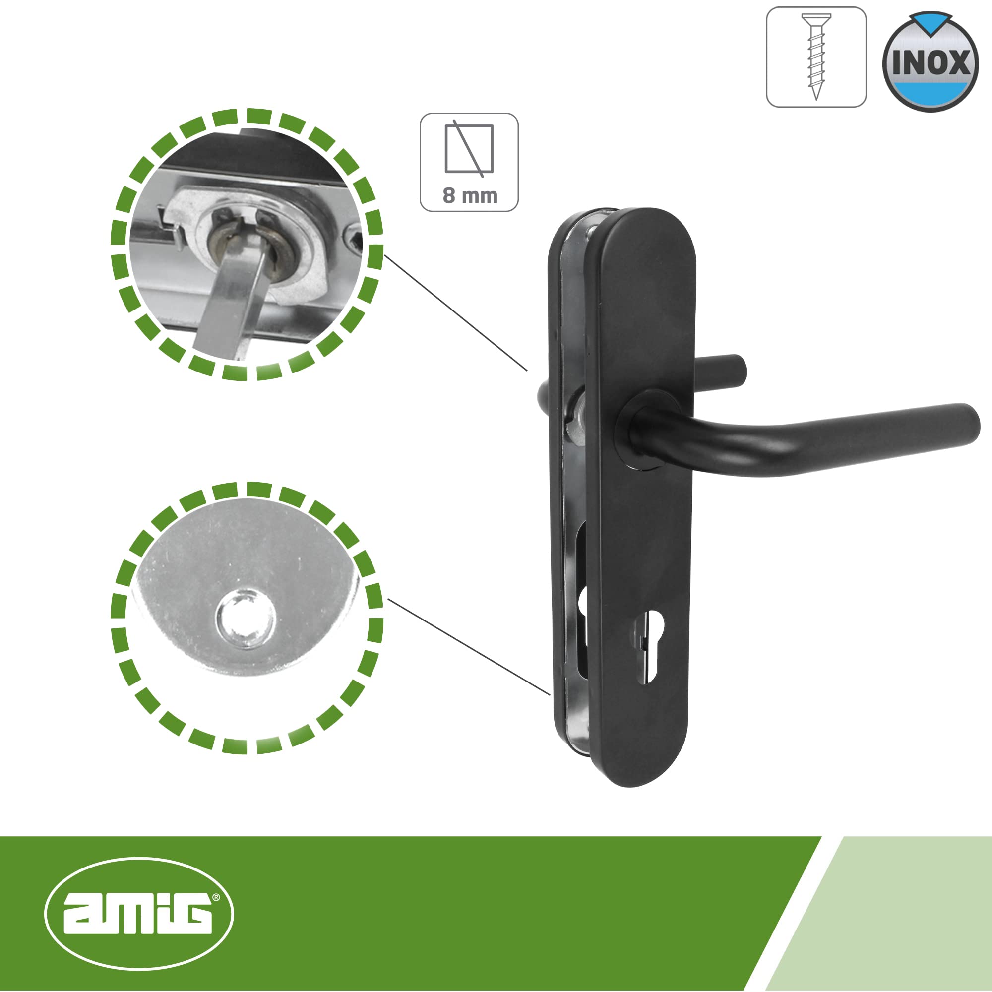 Amig – Juego de manillas con placa para puertas – Diseño cilíndrico ergonómico – Medidas 245 × 45 mm – Acero inoxidable con placa de polipropileno – Incluye cuadradillo 8 mm y tornillos – Mod. 4PXB85