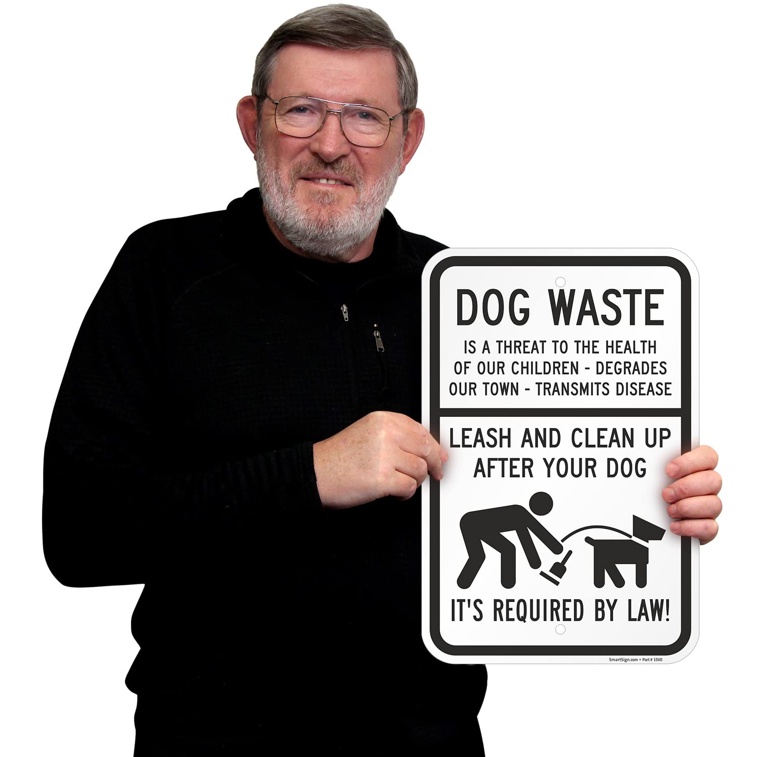 Cartel de Aluminio SmartSign, indicación "Dog Waste - Leash and Clean Up After Your Dog" con gráfico, 46 cm de alto x 31 cm de ancho, negro sobre blanco