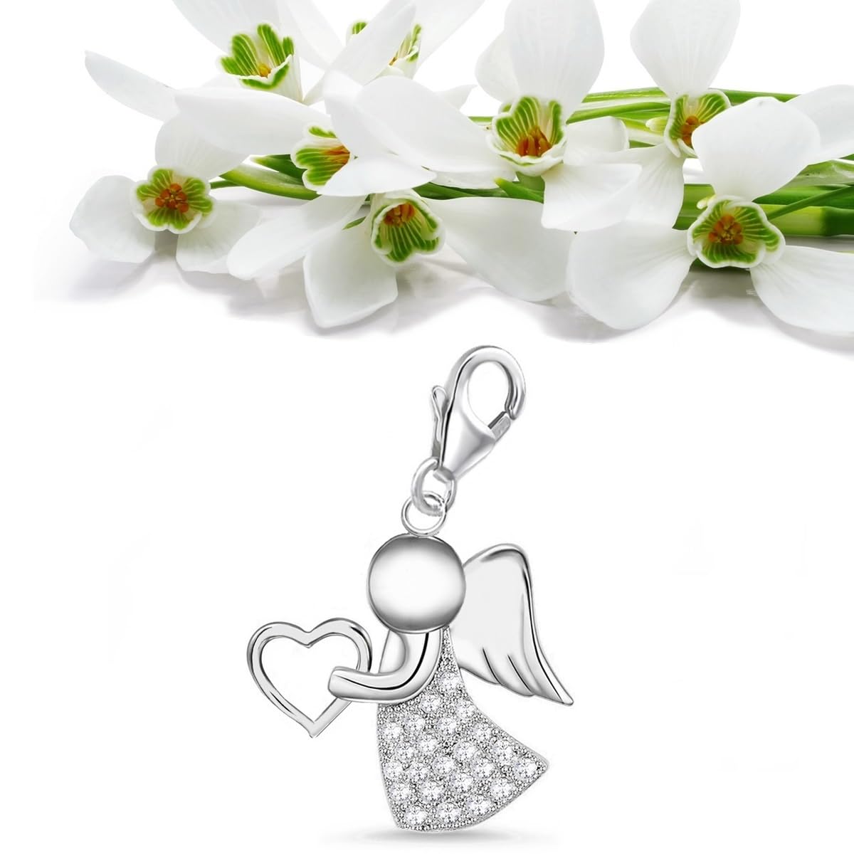 Goldene Hufeisen Schutzengel Herz Karabiner Charm Anhänger für Bettelarmband oder Charmkette Charmträger Silber 925 mit Zirkonia