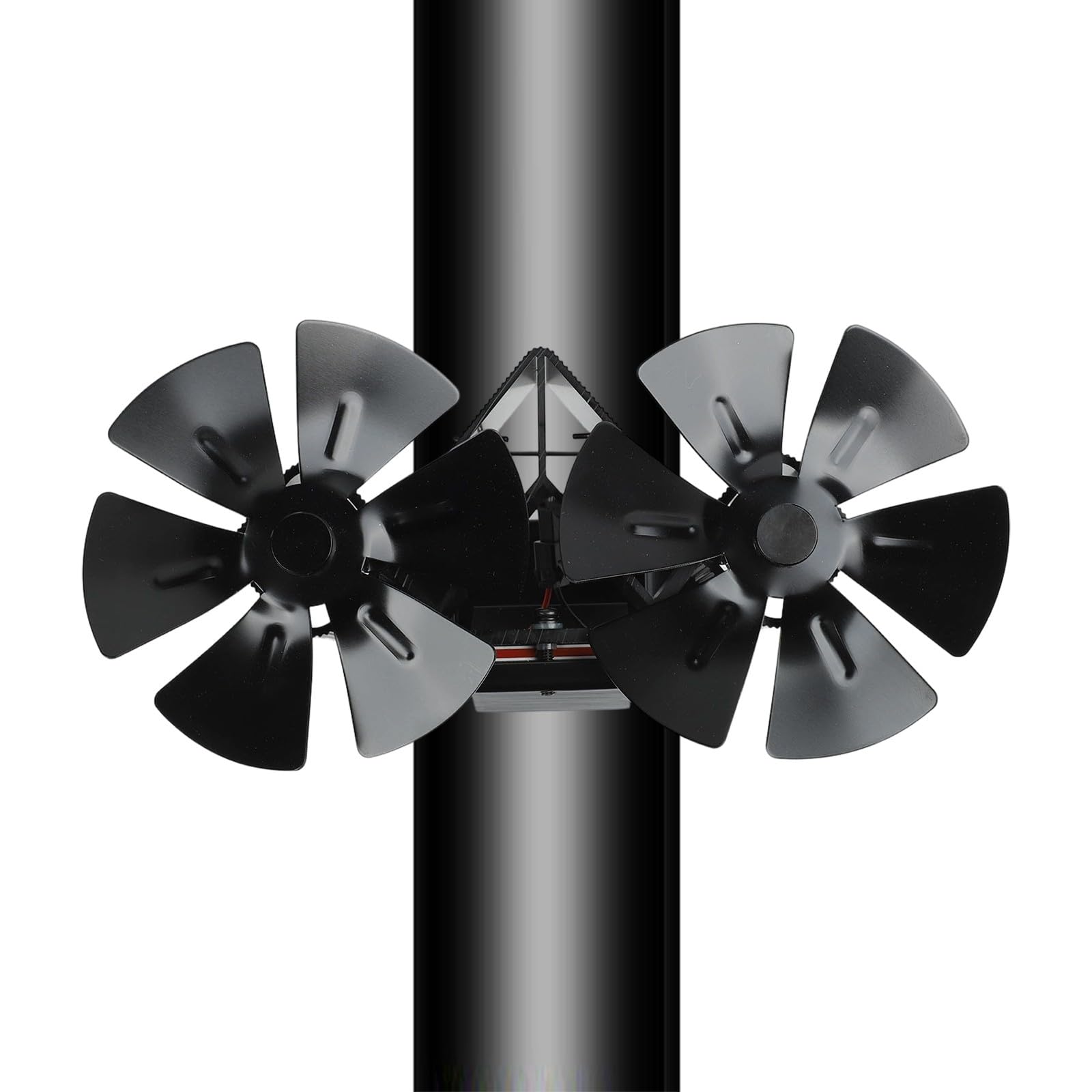 Wandmontierter Doppelkopf-Ofenventilator für Kamine, 12 Flügel, stromloser Wärmeverteiler, leiser Aluminium-Ofenventilator mit verstellbarer Klemme, schwarz