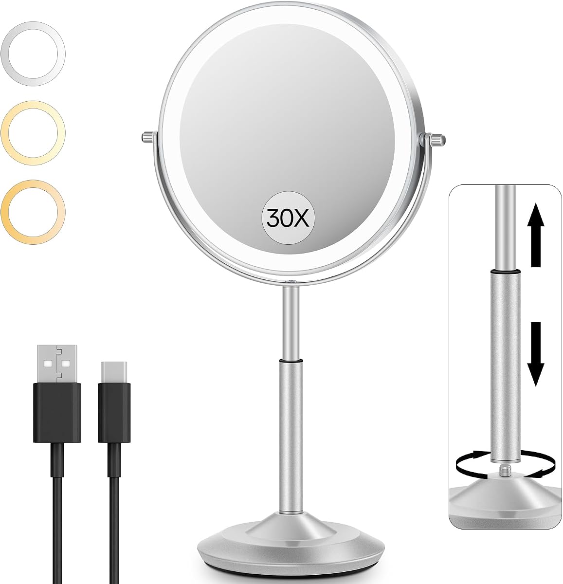 Espejo de maquillaje con aumento de 8 '' 30X/1X con luces ajustables en altura | Espejo de tocador iluminado con brillo ajustable en 3 colores, interruptor de doble cara recargable de 3000mAh para regalo de escritorio para mujer
