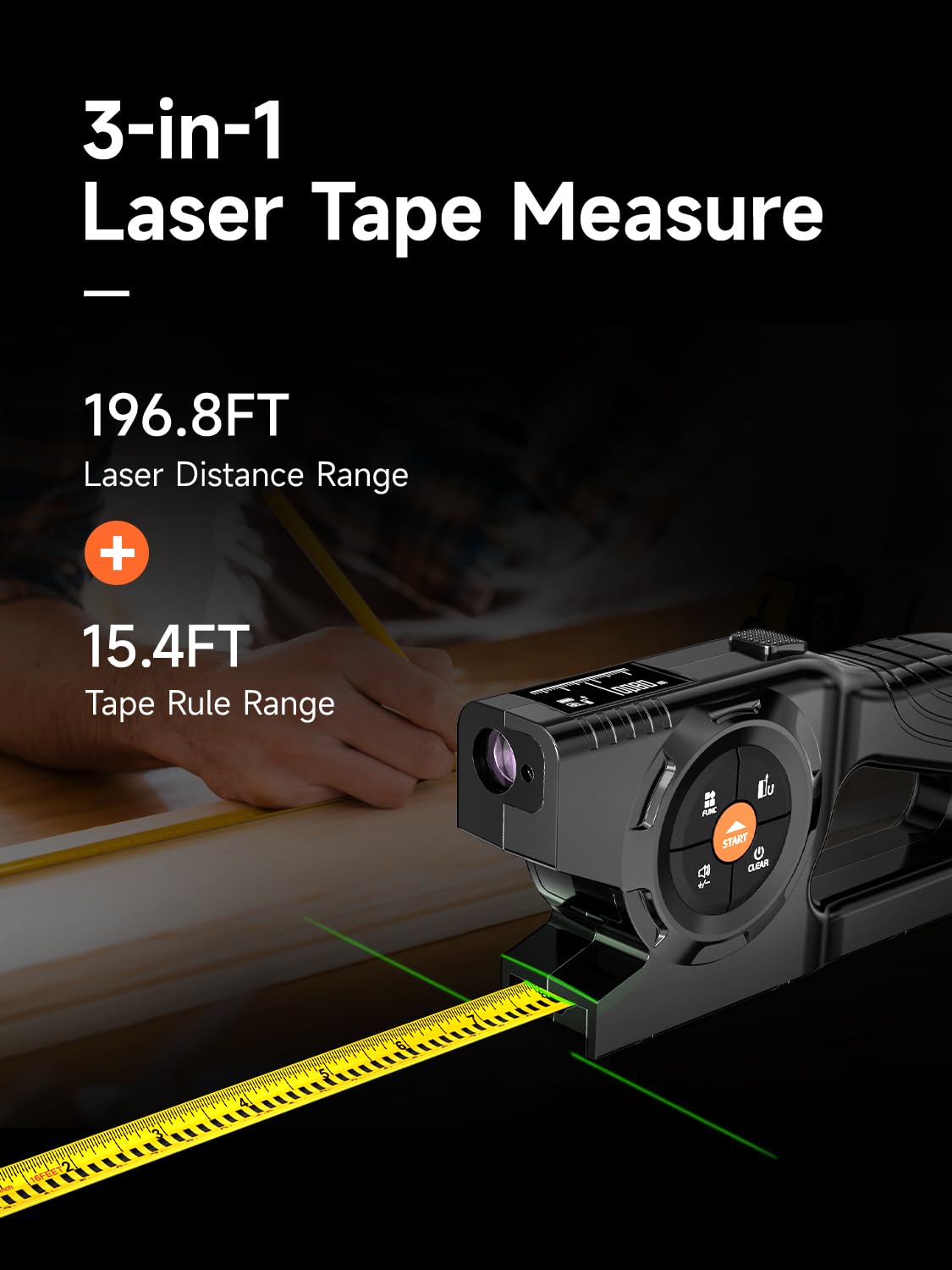Télémètre Laser 3-en-1, Mètre Laser de 196ft/60m et Ruban à Mesurer à Verrouillage Automatique avec Affichage Numérique Instantané et Extension Laser Verte, Liste de Mesure avec Mémoire