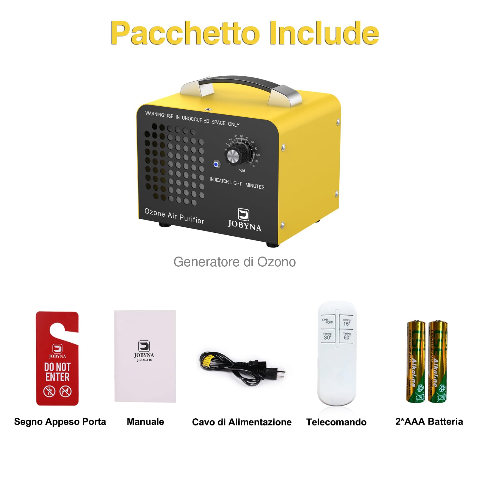 JOBYNA 10,000mg/h Generatore di Ozono Auto con Telecomando, Ozonizzatore Purificatore d'Aria Ozono O3 con Timer, Odor Remover per Abitazioni, Uffici, Garage, Auto, Fumo e Animali domestici