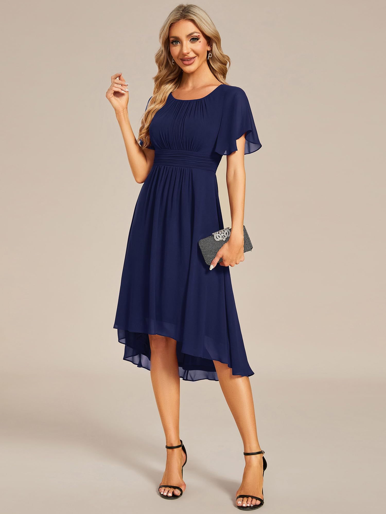 Ever-Pretty Damen-Kleid Für Hochzeitsgäste Kurzärmelig Empire-Taille Chiffon Knielang Elegantes A-Linien-Abendkleid EG02053