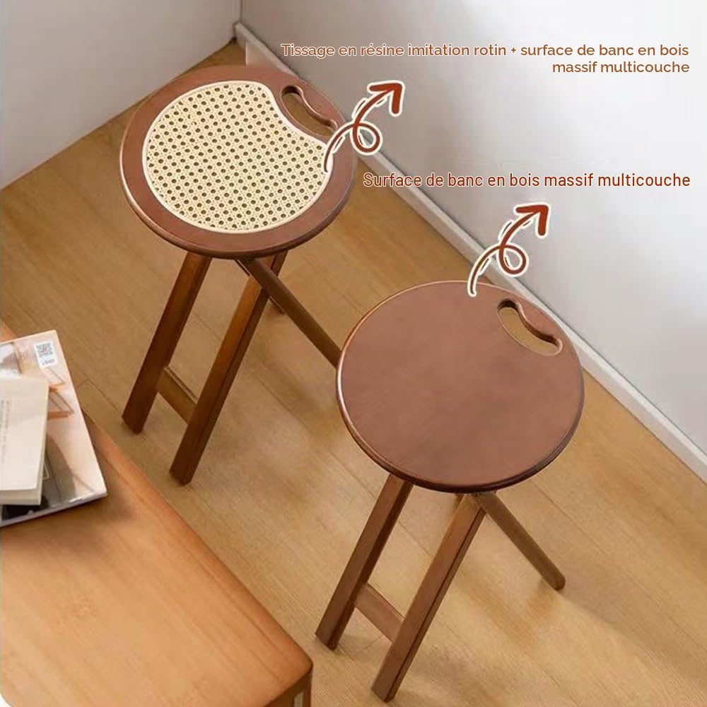 Tabourets Pliants en Bois Naturel Tabouret Pliant avec Poignée, Portable 45 60cm Tabouret Haut Pliable en Bois Massif Rond sans Dossier Tabourets De Bar ﻿(Wicker Style)
