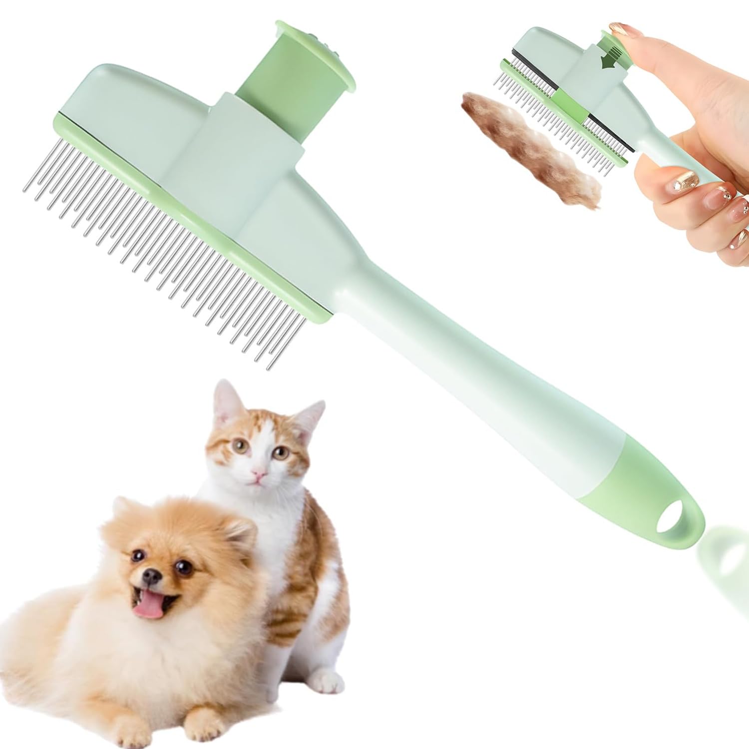 Pet Hair Removal Comb Flea Comb, 2025 New Cat Grooming Brush with Release Button, De-Shedding Cat Brush for Short and Long Hair Cats (Green)