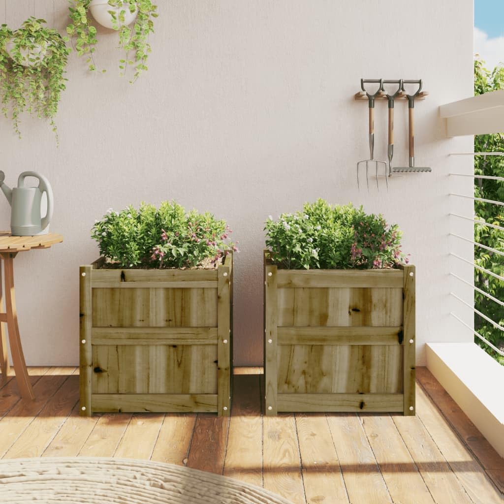 Fioriera in legno di pino impregnato in autoclave, 50 x 50 x 50 cm, 2 pezzi, resistente alle intemperie e al gelo, per giardino, balcone, terrazza, con drenaggio e serbatoio d'acqua per fiori