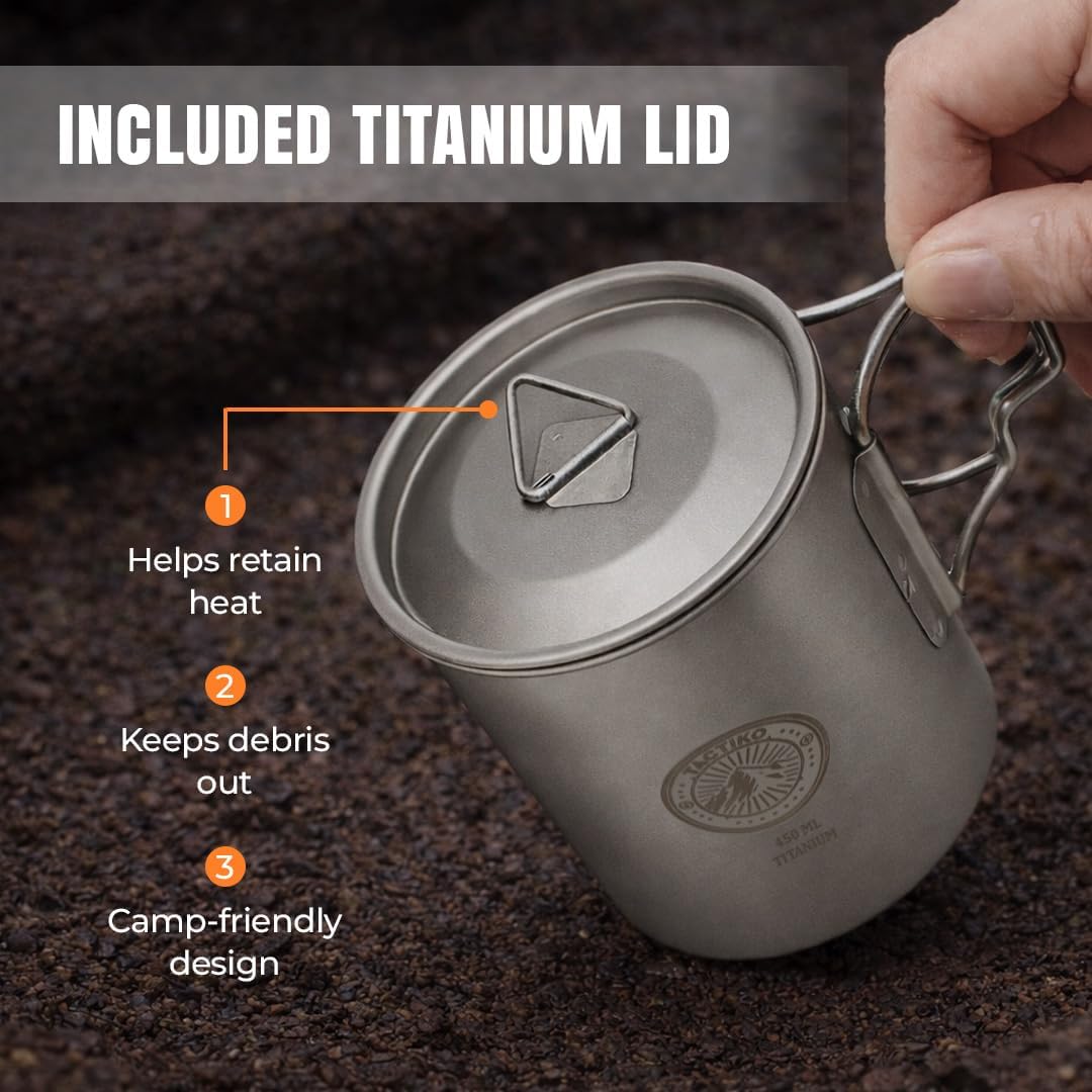 Tactiko 2-Pack 15 oz (450ml) Ultralight 100% Titanium Camping Mugs - Featherweight Grade 1 Titanium Coffee Cups – Professional Minimalist Backpacking Gear for Thru-Hiking, Trekking & Survival
