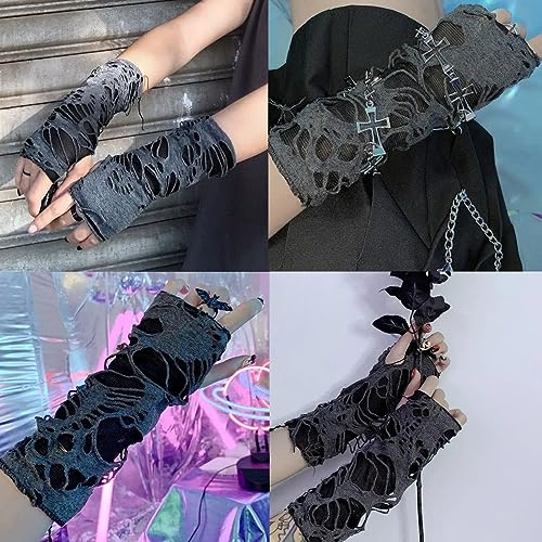 image for Luwigs Women's Punk Fingerless Gloves Arm Warmers Black Broken Slit Ri