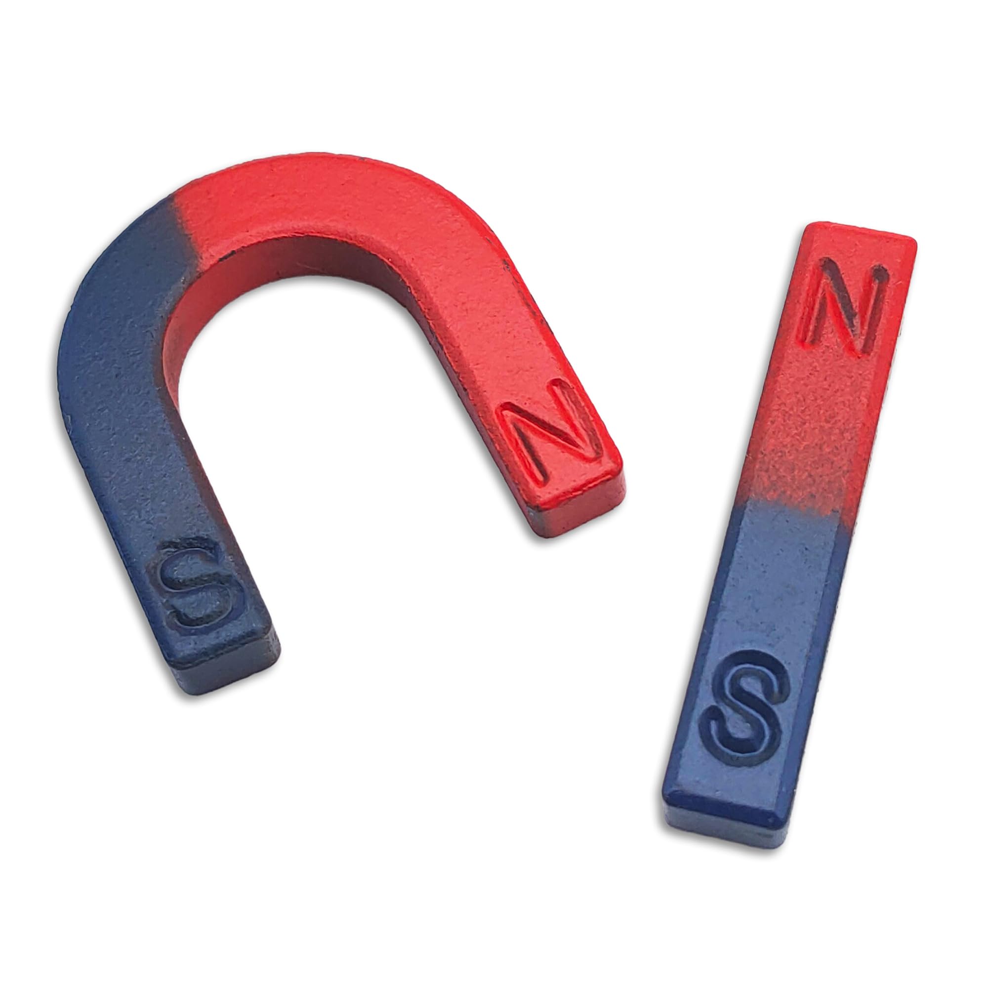 Set of 2 Educational Magnets - Horseshoe and Linear - N/S Red Blue - Science Experiments, School, Students and Teachers - Ideal for Educational Projects