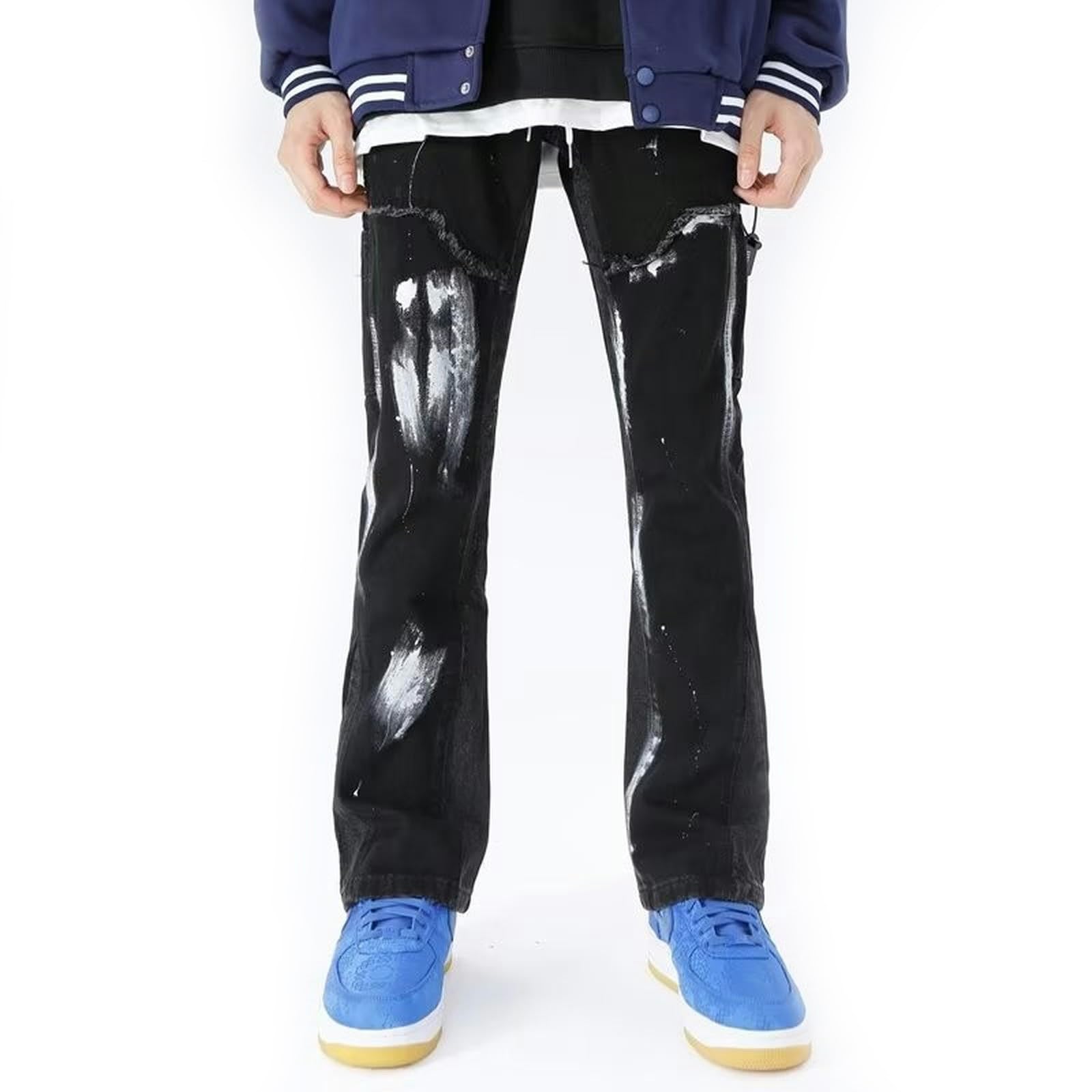 Jeans Hip-Hop Streetwear da Uomo, Pantaloni Leggermente Svasati-Nero-M