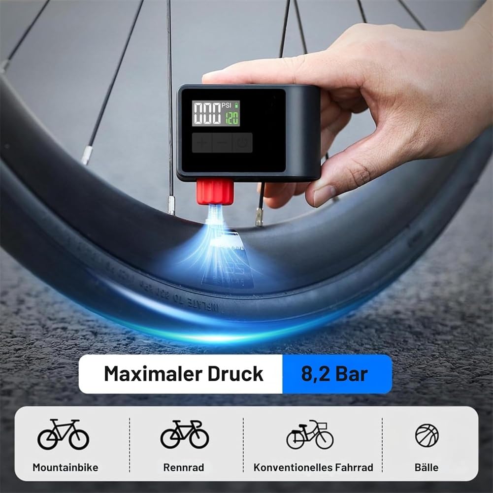 Mini Pompe à Vélo Électrique, Arrêt Automatique de 120 Psi, Charge D'Éclairage LED de Manomètre Intégré pour les Vélos de Route