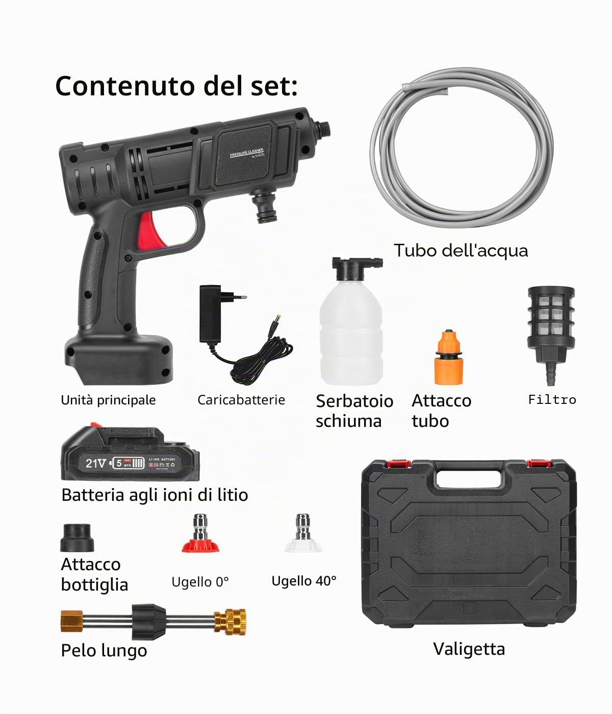 Genius Pressure Cleaner 12-TLG., idropulitrice a pressione professionale, pistola per lavaggio auto con batteria e tubo dell'acqua 5 m, pulitore a pressione mobile per terrazza, giardino