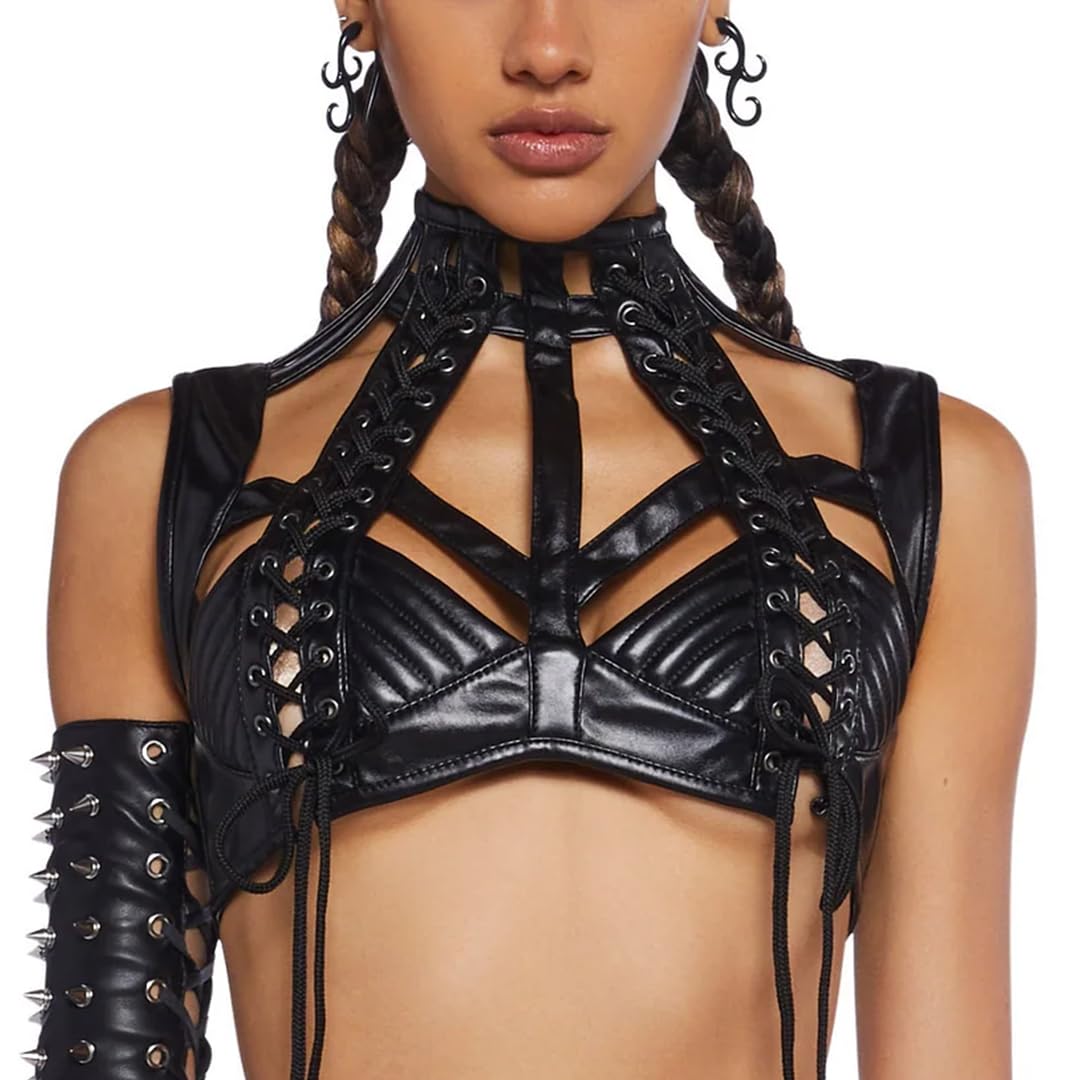 Dolls Kill Rude Awakening Harness Bra Top by Club Exx - Vegan Leather, Lace-Up, Cropped Fit for Festivals and Raves